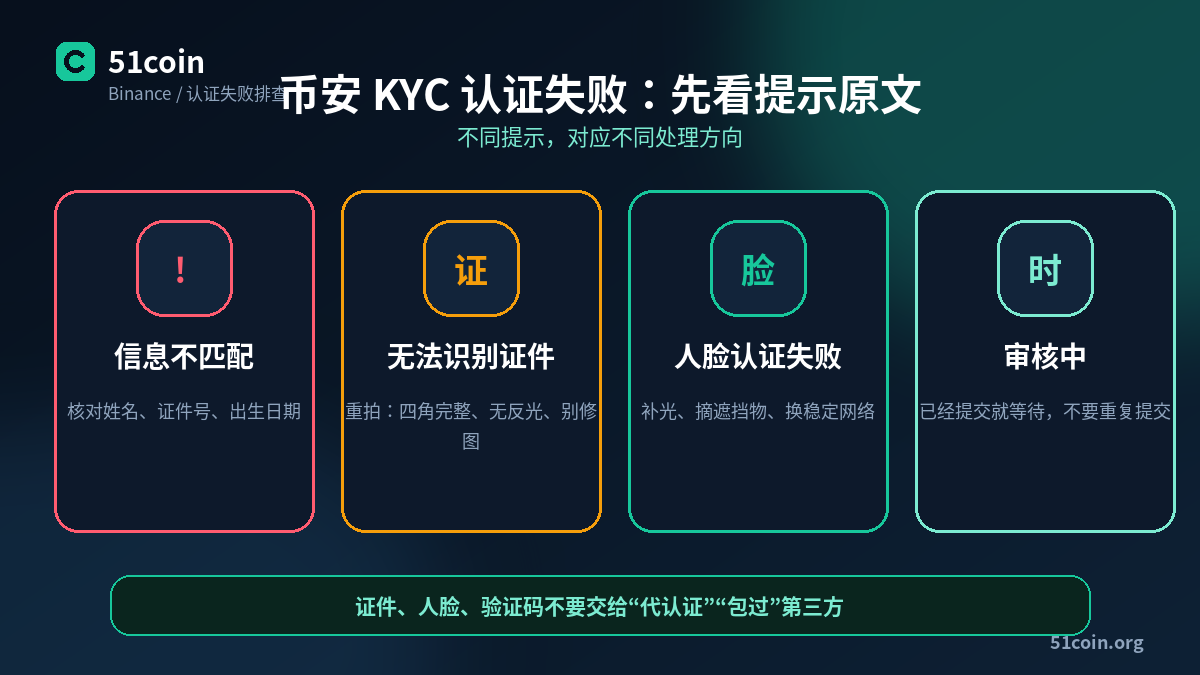 币安 KYC 认证失败的四种原因：信息不匹配、无法识别证件、人脸认证失败、审核中，以及各自对应的做法