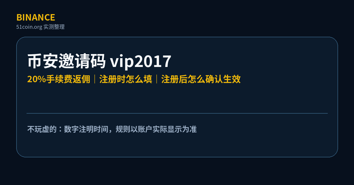 币安邀请码 vip2017 说明图：20% 手续费返佣、注册时怎么填、注册后怎么确认生效，并注明数字标注时间、规则以账户实际显示为准