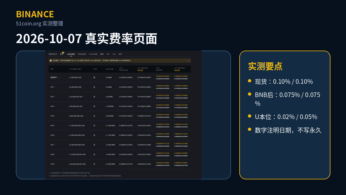2026-10-07 实测的币安手续费率页面截图：现货挂单/吃单 0.10%/0.10%，BNB 抵扣后 0.075%/0.075%，U 本位合约 0.02%/0.05%