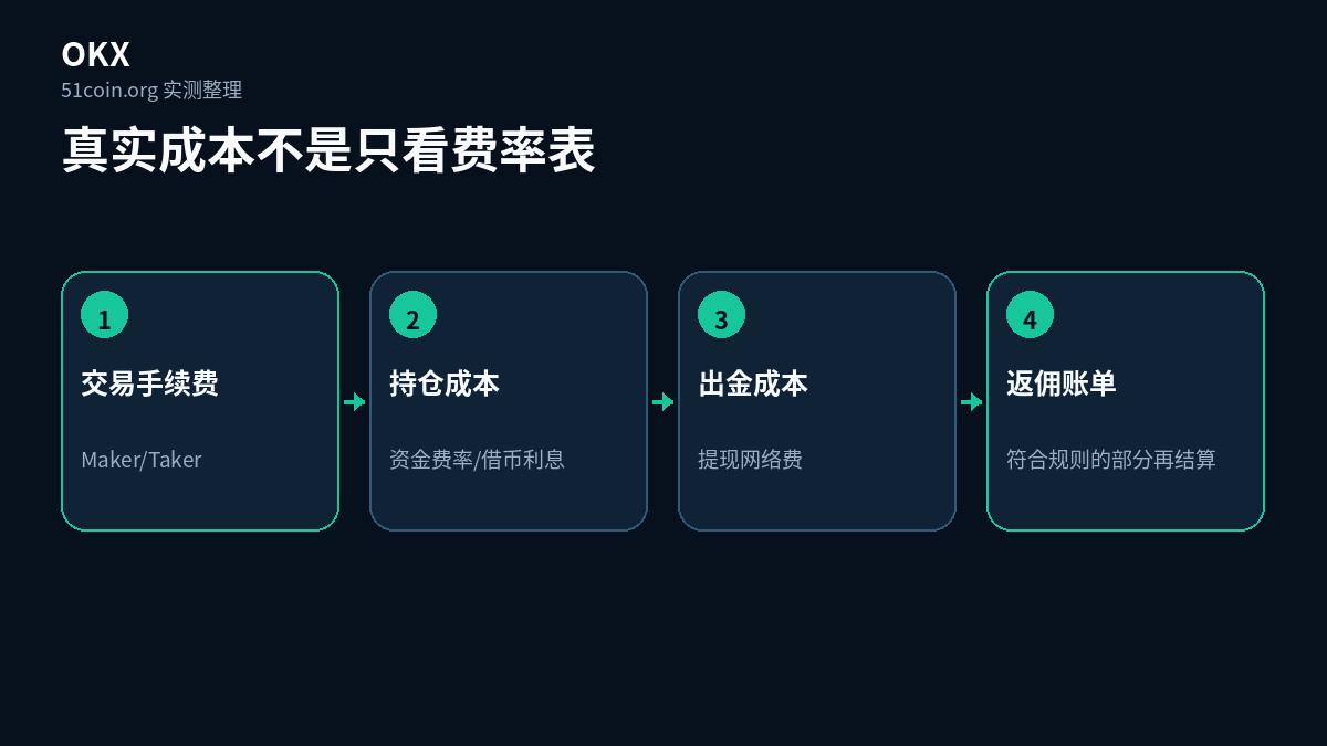 OKX 真实成本的四个环节：交易手续费（Maker/Taker）、持仓成本（资金费率/借币利息）、出金成本（提现网络费）、返佣账单（符合规则的部分再结算）