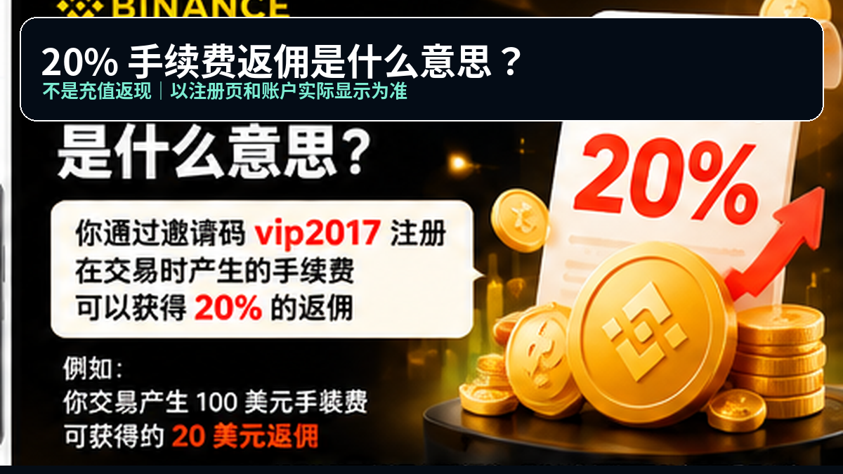 手续费返佣计算示意图：示例手续费 10 USDT，返佣比例 20%，对应返佣 2 USDT，底部标注「不是充值返 20%」