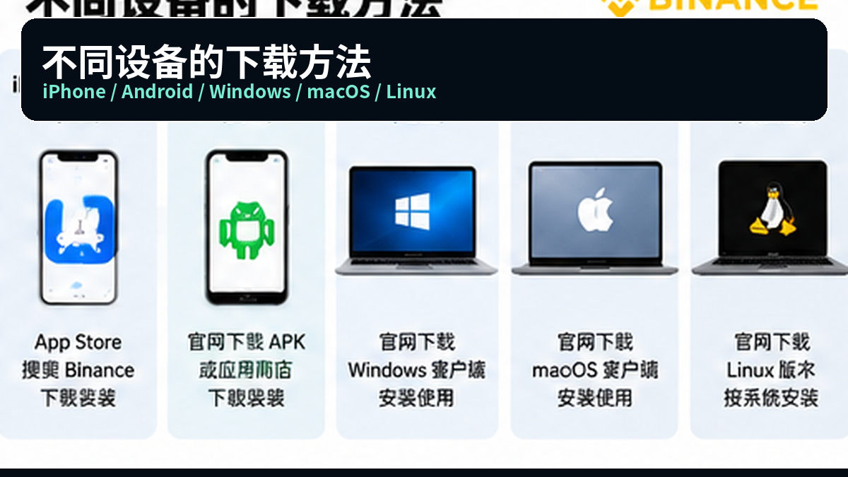 四种设备的下载路径对照图：iPhone / iPad 走 App Store，Android 走官方 Download 或 Google Play，Windows 与 Mac / Linux 走 Binance Desktop