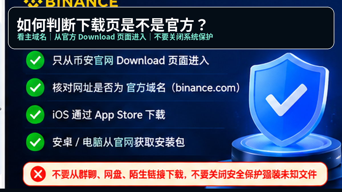 下载前的四项安全检查示意：一看主域名、二看下载入口、三不交出凭证、四不关闭系统保护