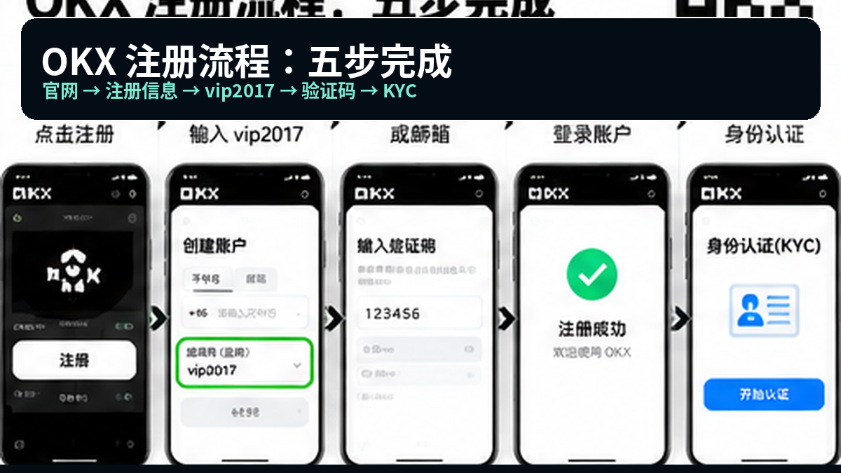 OKX 注册五步流程图：1 确认官方站点、2 选择邮箱或手机号、3 填写邀请码 vip2017、4 输入验证码、5 按页面要求完成身份认证