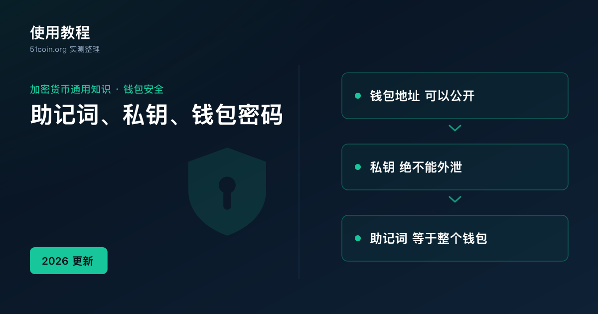 助记词、私钥与钱包密码区别封面：左侧为标题「助记词、私钥、钱包密码」与盾牌水印，右侧三张卡片依次为「钱包地址 可以公开」「私钥 绝不能外泄」「助记词 等于整个钱包」，左下角标签「2026 更新」