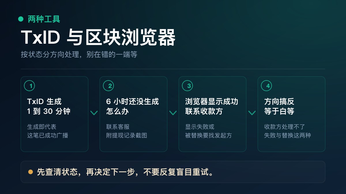 用 TxID 与区块浏览器核对测试转账的状态